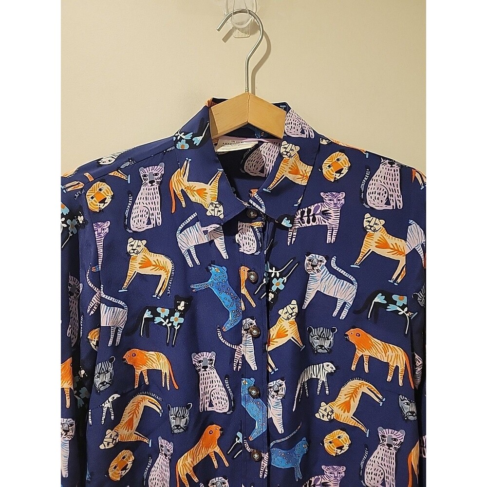 Anthropologie Carolyn Gavin Shirt Blue Mariposa Silk Blouse Cat Lion Leopard 4 - Picture 3 of 8